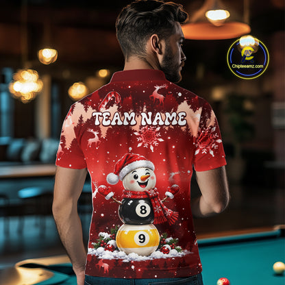 Men Christmas Snowman Billiard Polo 1/4-Zip Shirt Custom Xmas Pool Billiard Team Jersey NYN5091