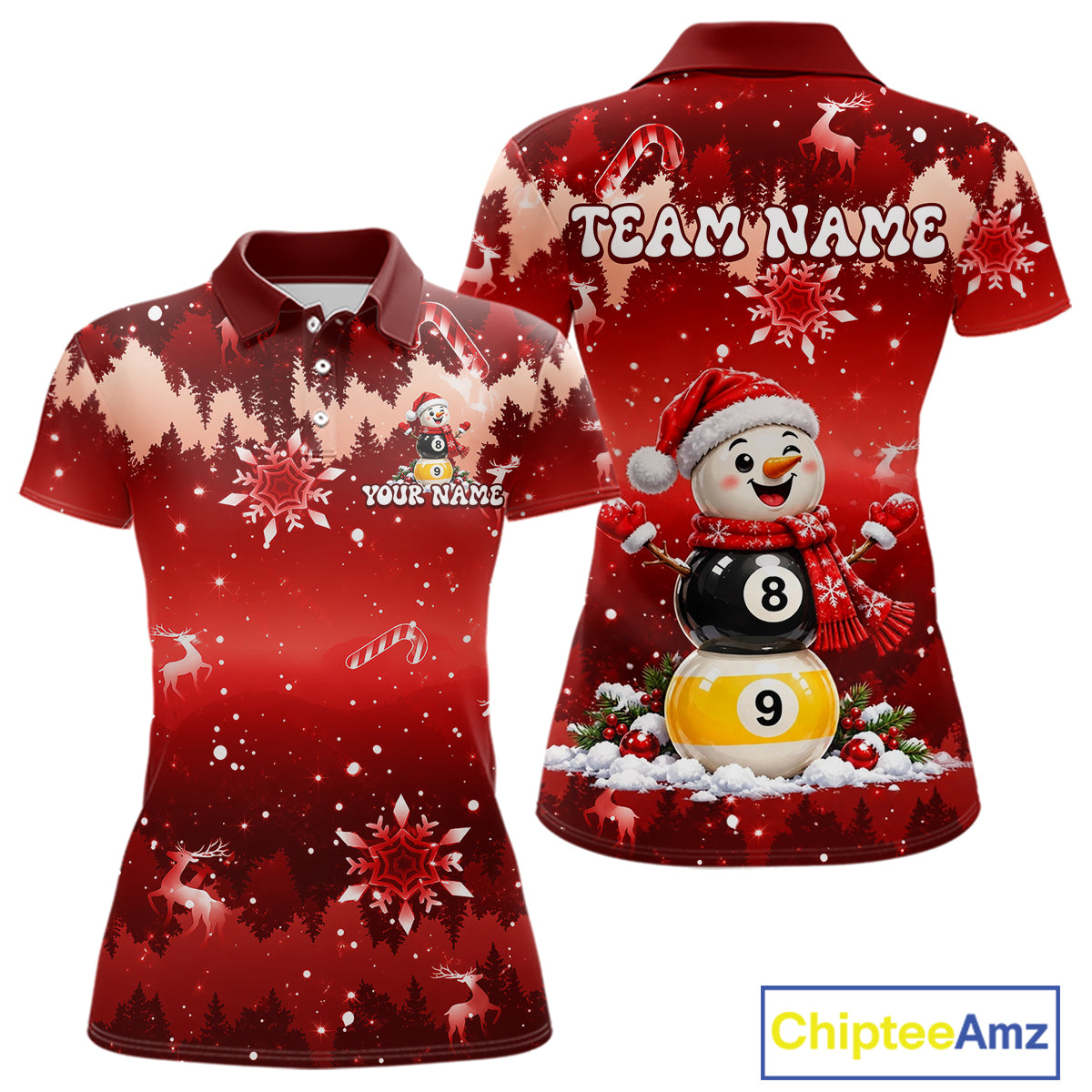 Women Christmas Snowman Billiard Polo 1/4-Zip Shirt Custom Xmas Pool Billiard Team Jersey NYN5091
