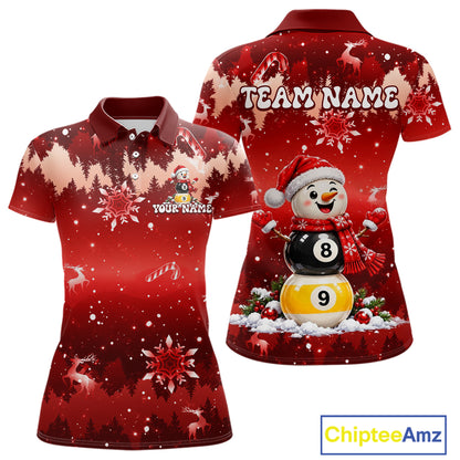 Women Christmas Snowman Billiard Polo 1/4-Zip Shirt Custom Xmas Pool Billiard Team Jersey NYN5091