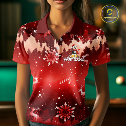 Women Christmas Snowman Billiard Polo 1/4-Zip Shirt Custom Xmas Pool Billiard Team Jersey NYN5091