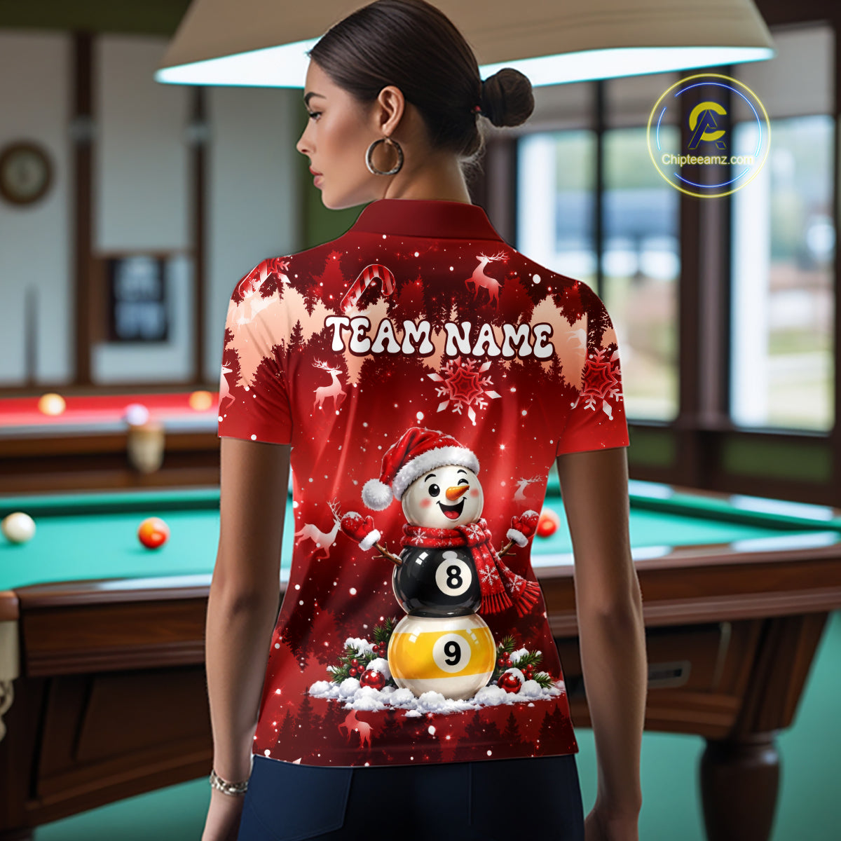 Women Christmas Snowman Billiard Polo 1/4-Zip Shirt Custom Xmas Pool Billiard Team Jersey NYN5091