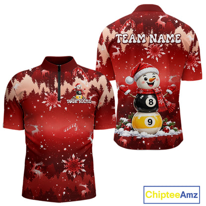 Men Christmas Snowman Billiard Polo 1/4-Zip Shirt Custom Xmas Pool Billiard Team Jersey NYN5091