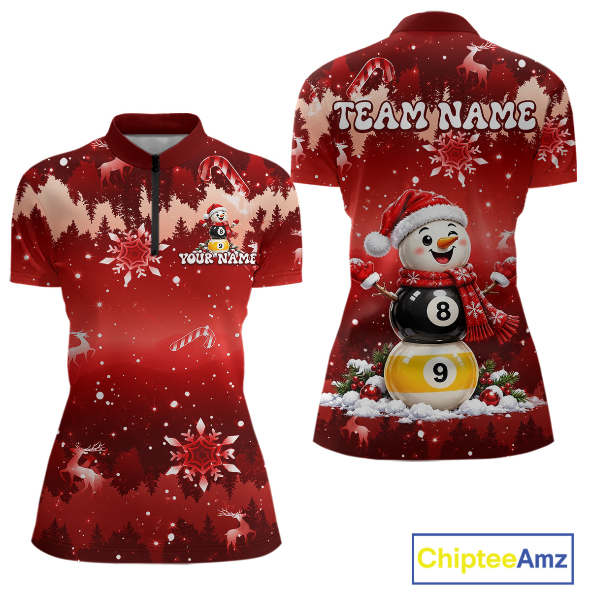 Women Christmas Snowman Billiard Polo 1/4-Zip Shirt Custom Xmas Pool Billiard Team Jersey NYN5091