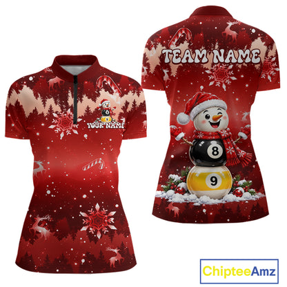 Women Christmas Snowman Billiard Polo 1/4-Zip Shirt Custom Xmas Pool Billiard Team Jersey NYN5091