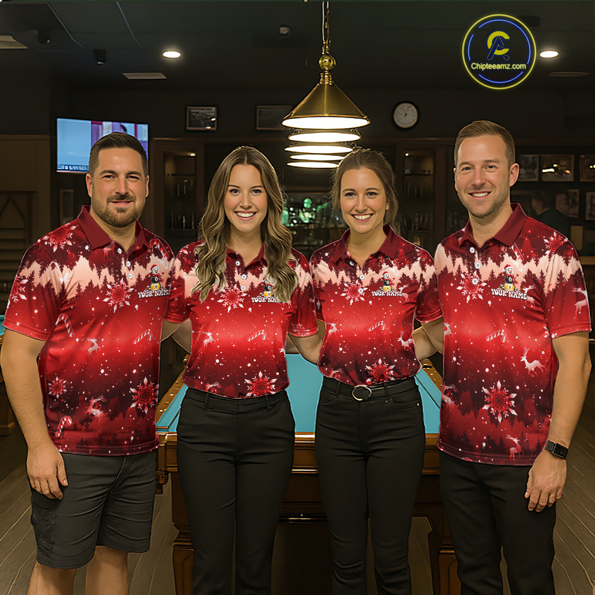 Men Christmas Snowman Billiard Polo 1/4-Zip Shirt Custom Xmas Pool Billiard Team Jersey NYN5091