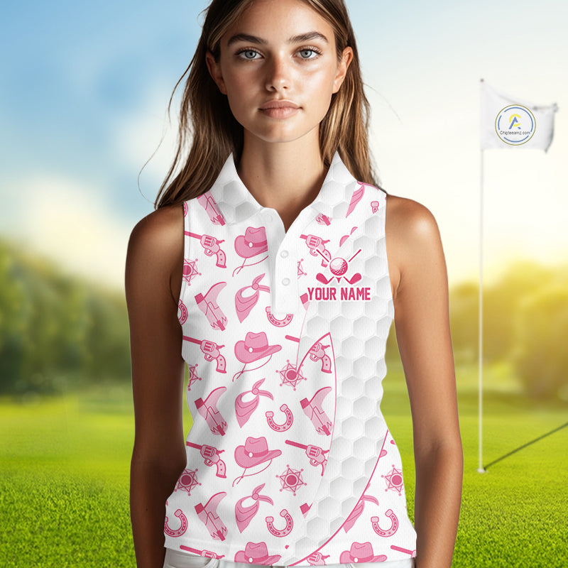Pink Cowgirl Golf Sleeveless Polo Shirts For Women Custom Cowgirl Funny Golf Shirts, Upf Golf Shirts NYN3394