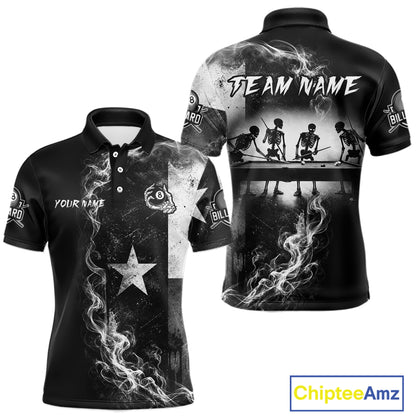 Men's billiard polo featuring grey smoke Texas flag, skeleton artwork and glowing 8 ball graphics, personalized performance apparel for Texas pool teams, biker culture, patriotic Americans and APA leagues, symbolizing fearlessness and independence.