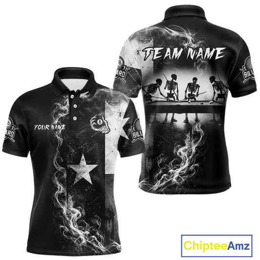 Men's billiard polo featuring grey smoke Texas flag, skeleton artwork and glowing 8 ball graphics, personalized performance apparel for Texas pool teams, biker culture, patriotic Americans and APA leagues, symbolizing fearlessness and independence.