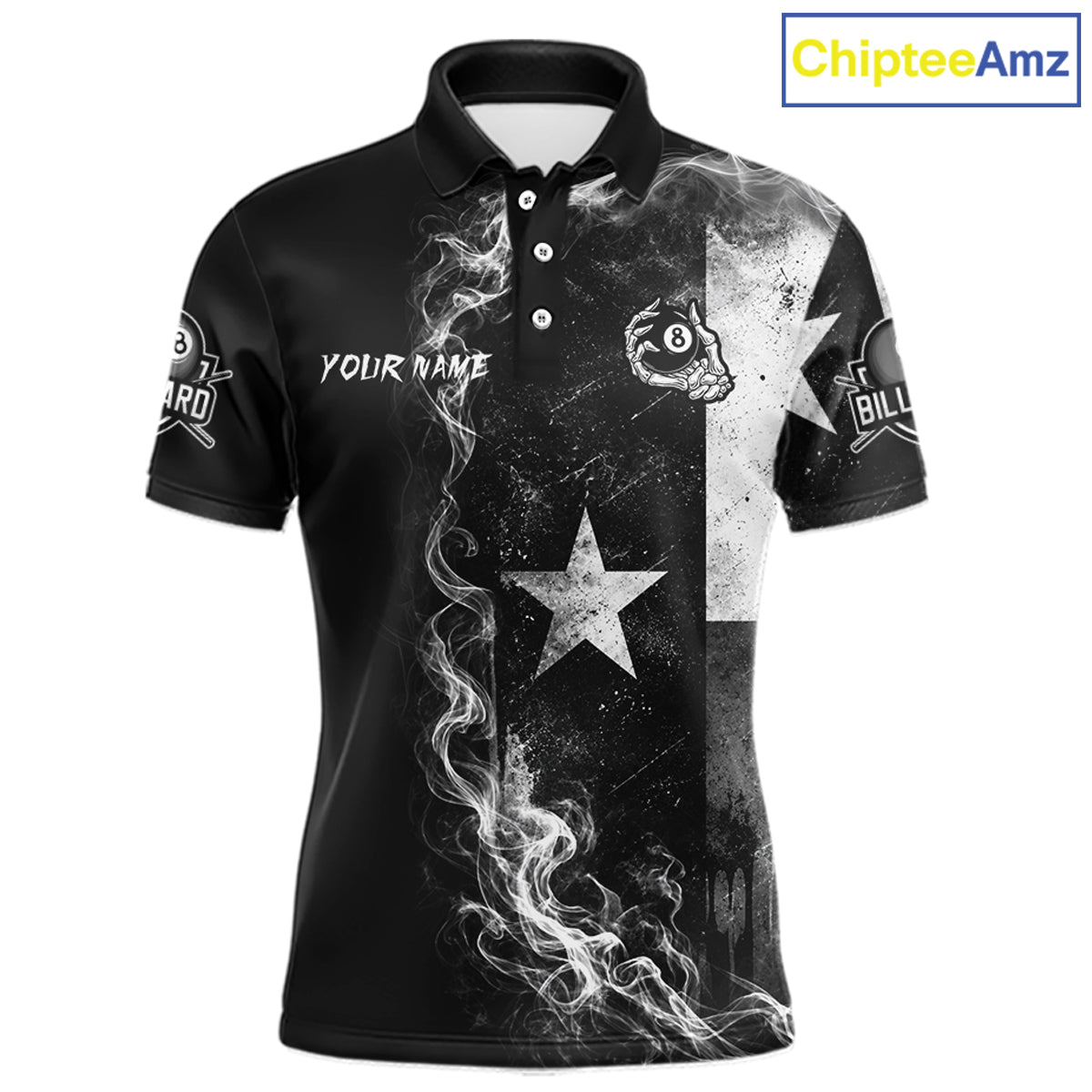 Men's billiard polo featuring grey smoke Texas flag, skeleton artwork and glowing 8 ball graphics, personalized performance apparel for Texas pool teams, biker culture, patriotic Americans and APA leagues, symbolizing fearlessness and independence.