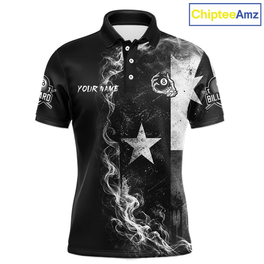 Men's billiard polo featuring grey smoke Texas flag, skeleton artwork and glowing 8 ball graphics, personalized performance apparel for Texas pool teams, biker culture, patriotic Americans and APA leagues, symbolizing fearlessness and independence.