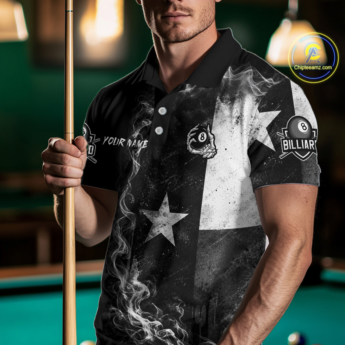 Male billiard player wearing Texas skeleton billiard jersey during championship match, premium sports apparel for Texas pride, gothic fashion enthusiasts and professional competitors, symbolizing courage and competitive excellence.