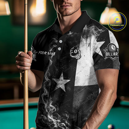 Male billiard player wearing Texas skeleton billiard jersey during championship match, premium sports apparel for Texas pride, gothic fashion enthusiasts and professional competitors, symbolizing courage and competitive excellence.