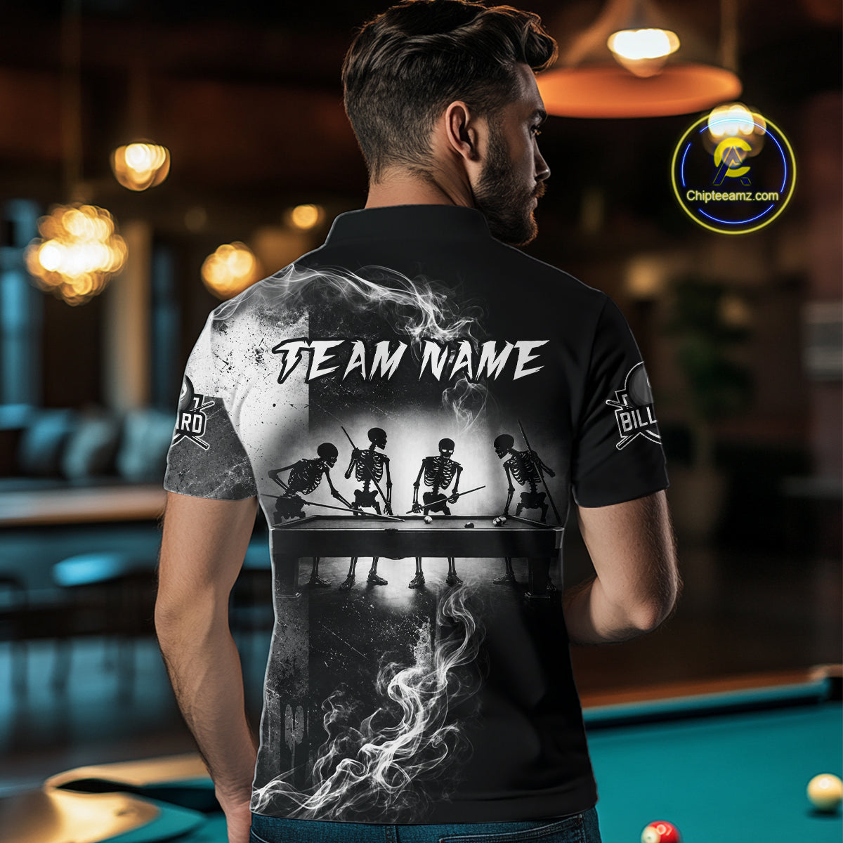 Male billiard player wearing Texas skeleton billiard jersey during championship match, premium sports apparel for Texas pride, gothic fashion enthusiasts and professional competitors, symbolizing courage and competitive excellence.