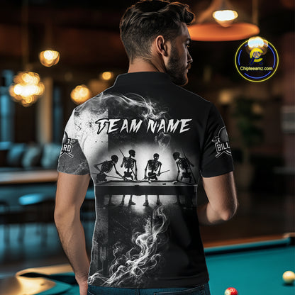 Male billiard player wearing Texas skeleton billiard jersey during championship match, premium sports apparel for Texas pride, gothic fashion enthusiasts and professional competitors, symbolizing courage and competitive excellence.