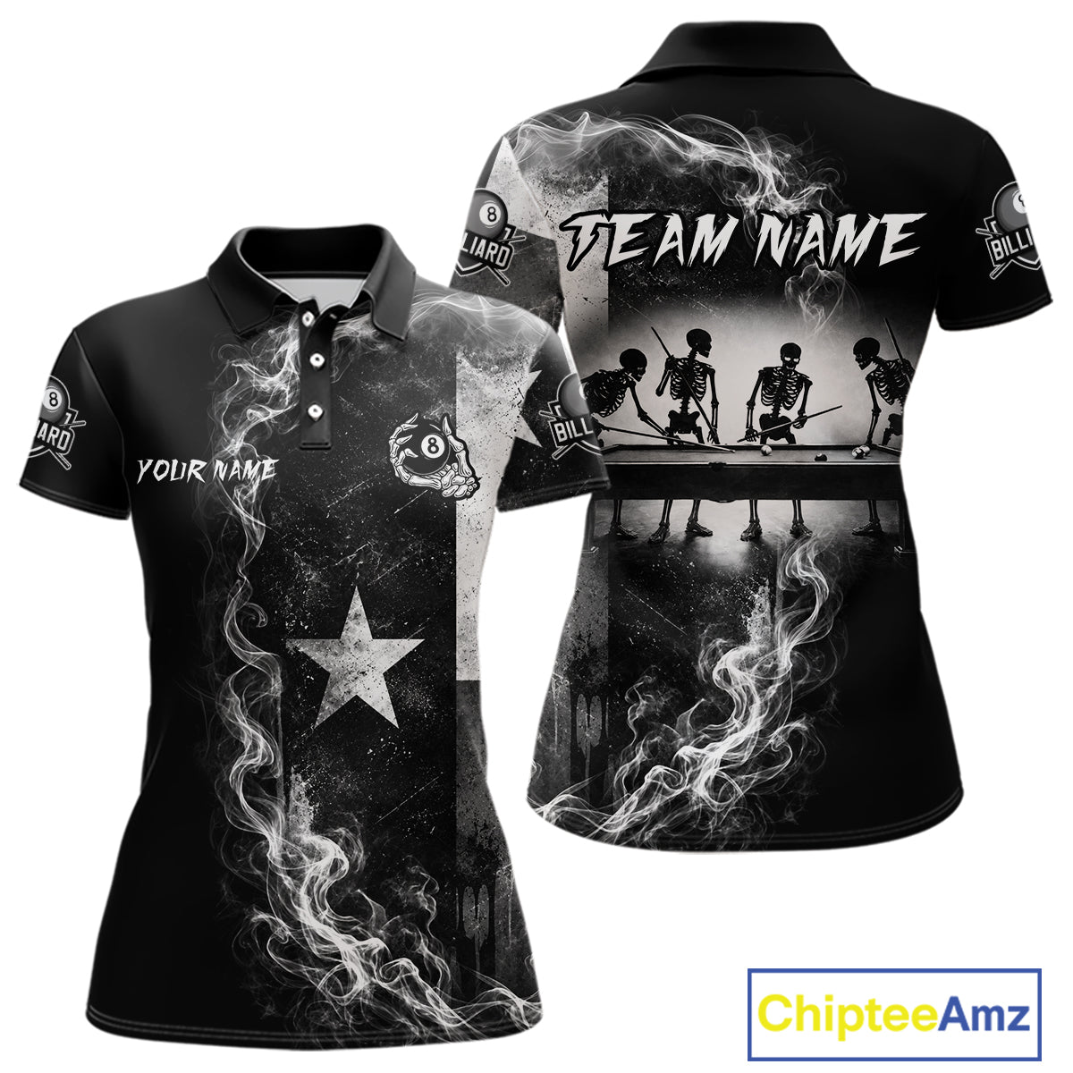 Women's billiard polo with Texas flag, smoke textures, skeleton artwork and 8 ball graphics, premium custom jersey for APA leagues, Texas pool teams and patriotic competitions.
