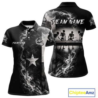 Women's billiard polo with Texas flag, smoke textures, skeleton artwork and 8 ball graphics, premium custom jersey for APA leagues, Texas pool teams and patriotic competitions.