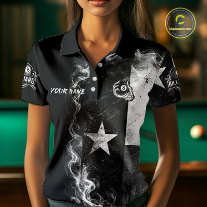 Female billiard player wearing Texas skeleton billiard jersey during competition, representing independence, courage, confidence and competitive excellence.