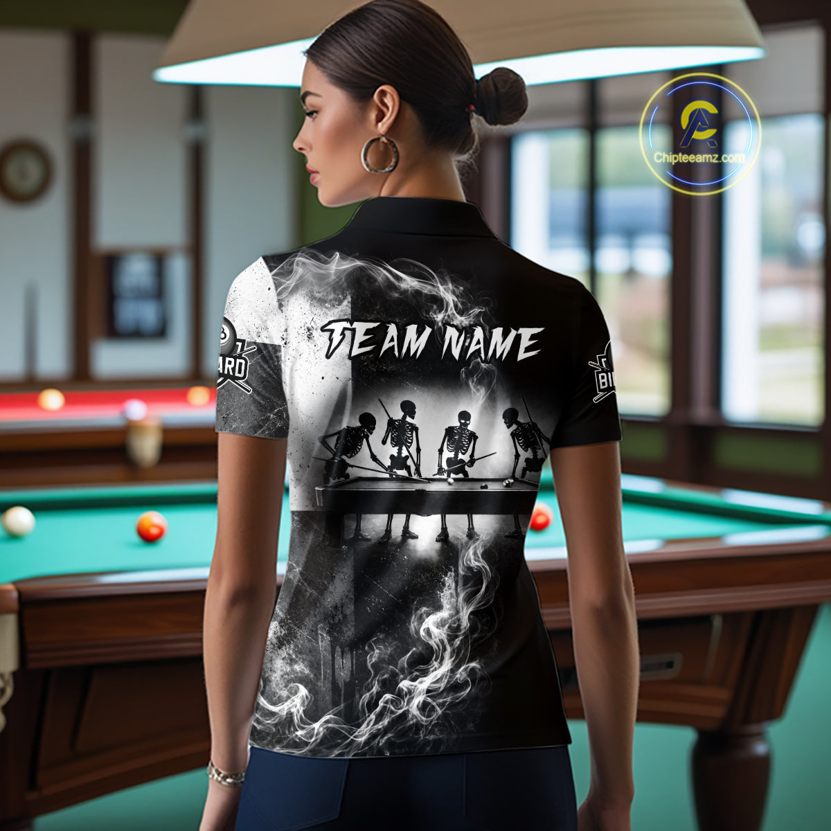 Female billiard player wearing Texas skeleton billiard jersey during competition, representing independence, courage, confidence and competitive excellence.
