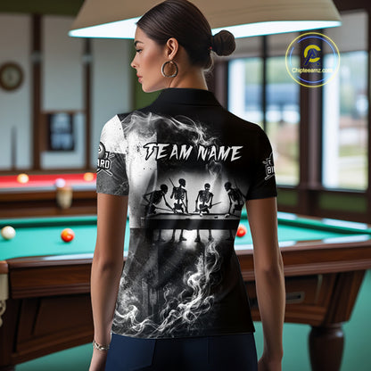 Female billiard player wearing Texas skeleton billiard jersey during competition, representing independence, courage, confidence and competitive excellence.
