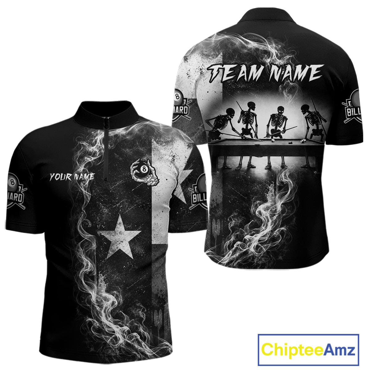 Men's quarter-zip billiard jersey featuring Texas flag, smoky textures, skeleton artwork and realistic 8 ball graphics, custom tournament apparel for competitive players and Texas billiard clubs, representing strength and resilience.