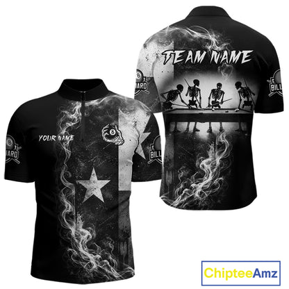 Men's quarter-zip billiard jersey featuring Texas flag, smoky textures, skeleton artwork and realistic 8 ball graphics, custom tournament apparel for competitive players and Texas billiard clubs, representing strength and resilience.