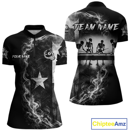 Women's quarter-zip billiard jersey featuring grey smoke Texas flag with skeleton and glowing 8 ball artwork, performance team apparel for tournaments and league championships.