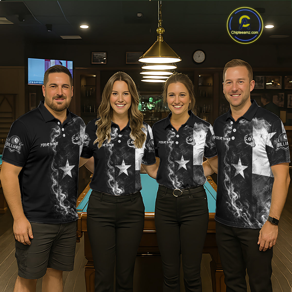 Men women billiard team wearing matching Texas flag skeleton jerseys, symbolizing state pride, unity, determination and championship ambition.