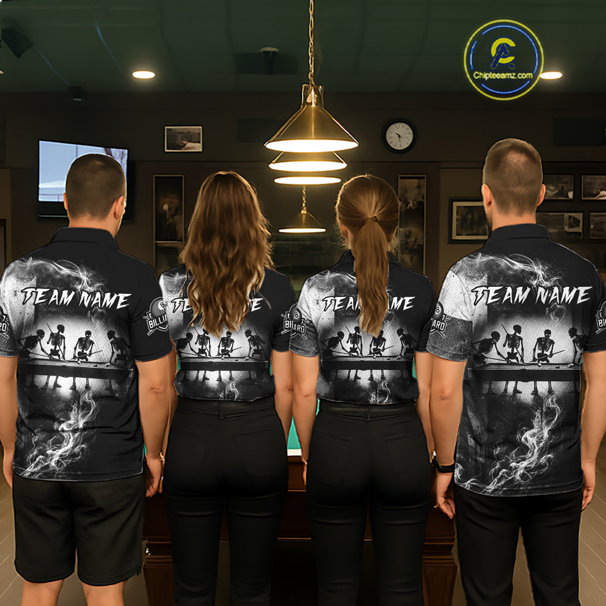 Men women billiard team wearing matching Texas flag skeleton jerseys, symbolizing state pride, unity, determination and championship ambition.