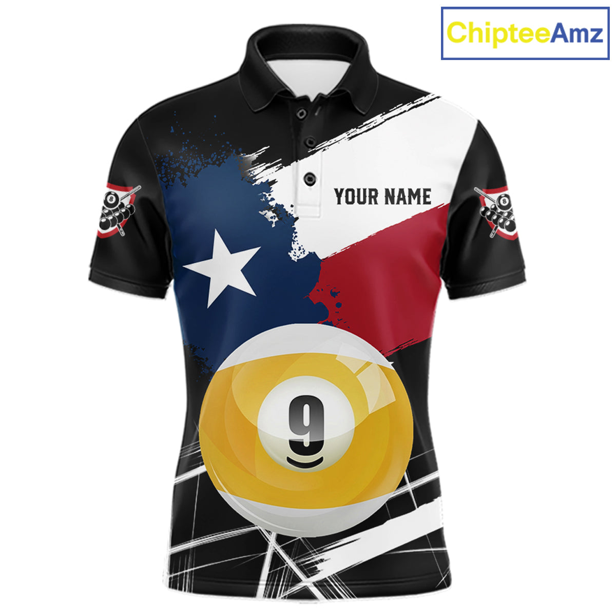 Men's billiard polo featuring artistic Texas flag splash with realistic 9 ball graphics, personalized performance apparel for APA tournaments, Texas sports fans and patriotic pool teams, symbolizing independence, passion and victory.