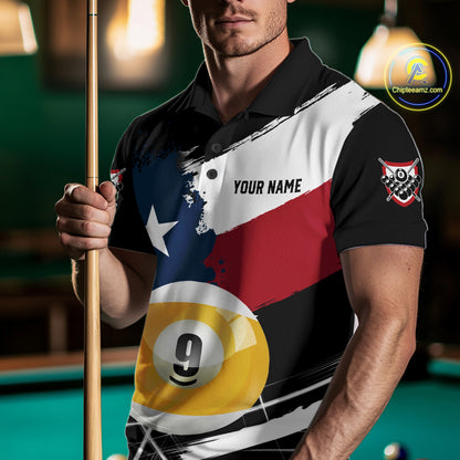 Male billiard player wearing Texas splash 9 ball jersey during tournament play, premium performance apparel for Texas pride, competitive athletes and championship events, symbolizing determination and success.
