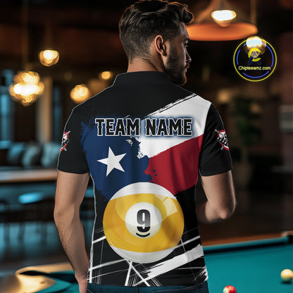 Male billiard player wearing Texas splash 9 ball jersey during tournament play, premium performance apparel for Texas pride, competitive athletes and championship events, symbolizing determination and success.