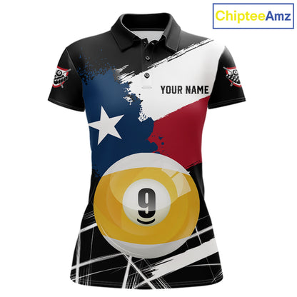 Women's billiard polo featuring Texas flag splash artwork and realistic 9 ball design, premium performance shirt for APA leagues, tournaments and patriotic sports enthusiasts.