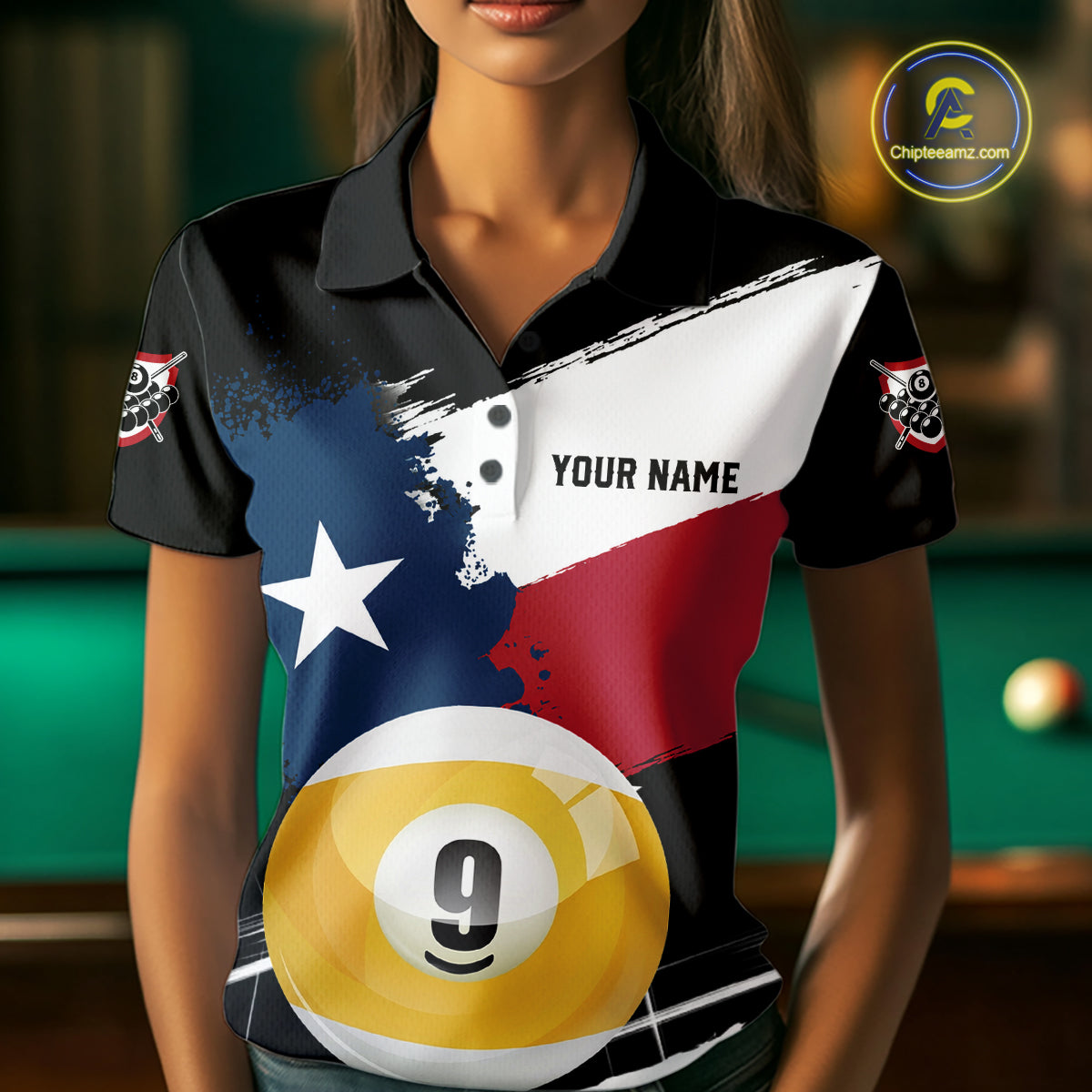 Female billiard player wearing Texas splash 9 ball jersey during championship event, symbolizing independence, determination and winning spirit.