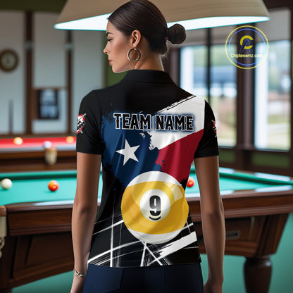 Female billiard player wearing Texas splash 9 ball jersey during championship event, symbolizing independence, determination and winning spirit.