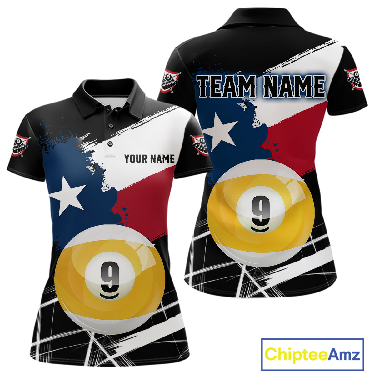Women's billiard polo featuring Texas flag splash artwork and realistic 9 ball design, premium performance shirt for APA leagues, tournaments and patriotic sports enthusiasts.