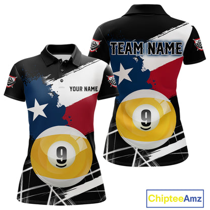 Women's billiard polo featuring Texas flag splash artwork and realistic 9 ball design, premium performance shirt for APA leagues, tournaments and patriotic sports enthusiasts.