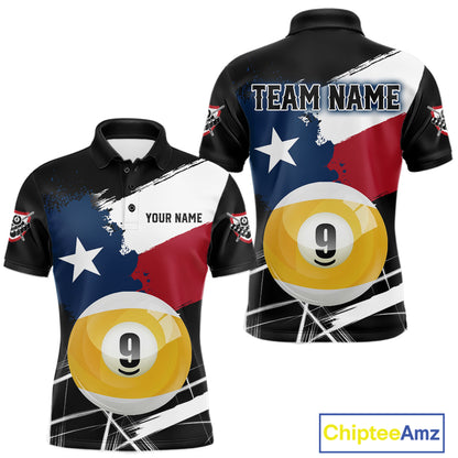 Men's billiard polo featuring artistic Texas flag splash with realistic 9 ball graphics, personalized performance apparel for APA tournaments, Texas sports fans and patriotic pool teams, symbolizing independence, passion and victory.
