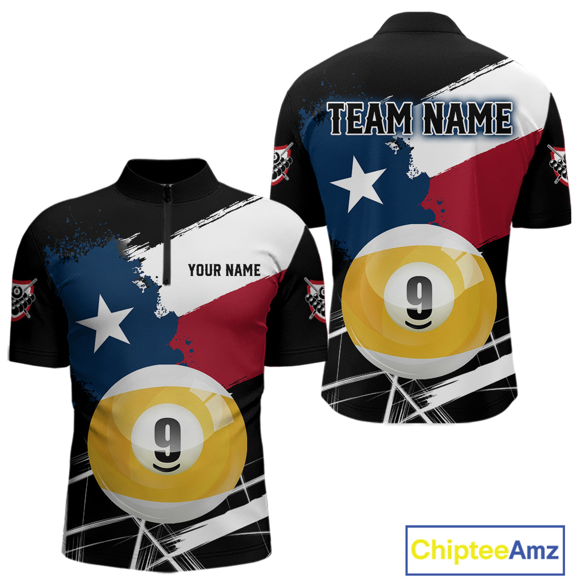 Men's quarter-zip billiard jersey featuring Texas flag splash and glowing 9 ball artwork, custom team apparel for BCA tournaments, league championships and professional billiard players, representing heritage and winning spirit.