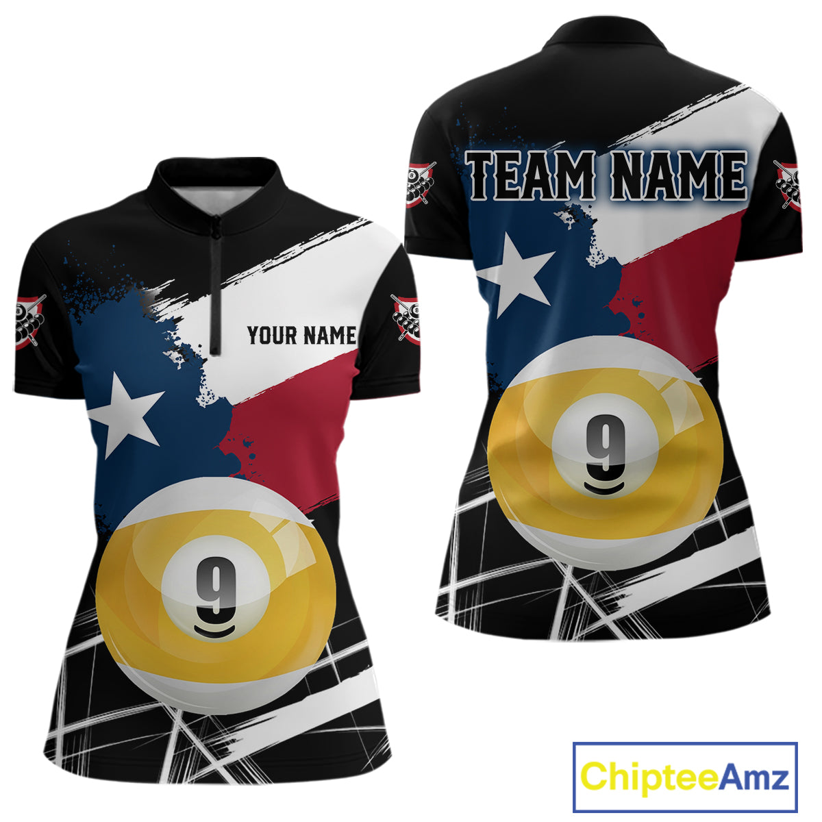 Women's quarter-zip billiard jersey featuring Texas flag splash with glowing 9 ball graphics, personalized team apparel for Texas pool clubs and competitive tournaments.