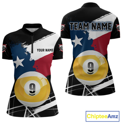 Women's quarter-zip billiard jersey featuring Texas flag splash with glowing 9 ball graphics, personalized team apparel for Texas pool clubs and competitive tournaments.