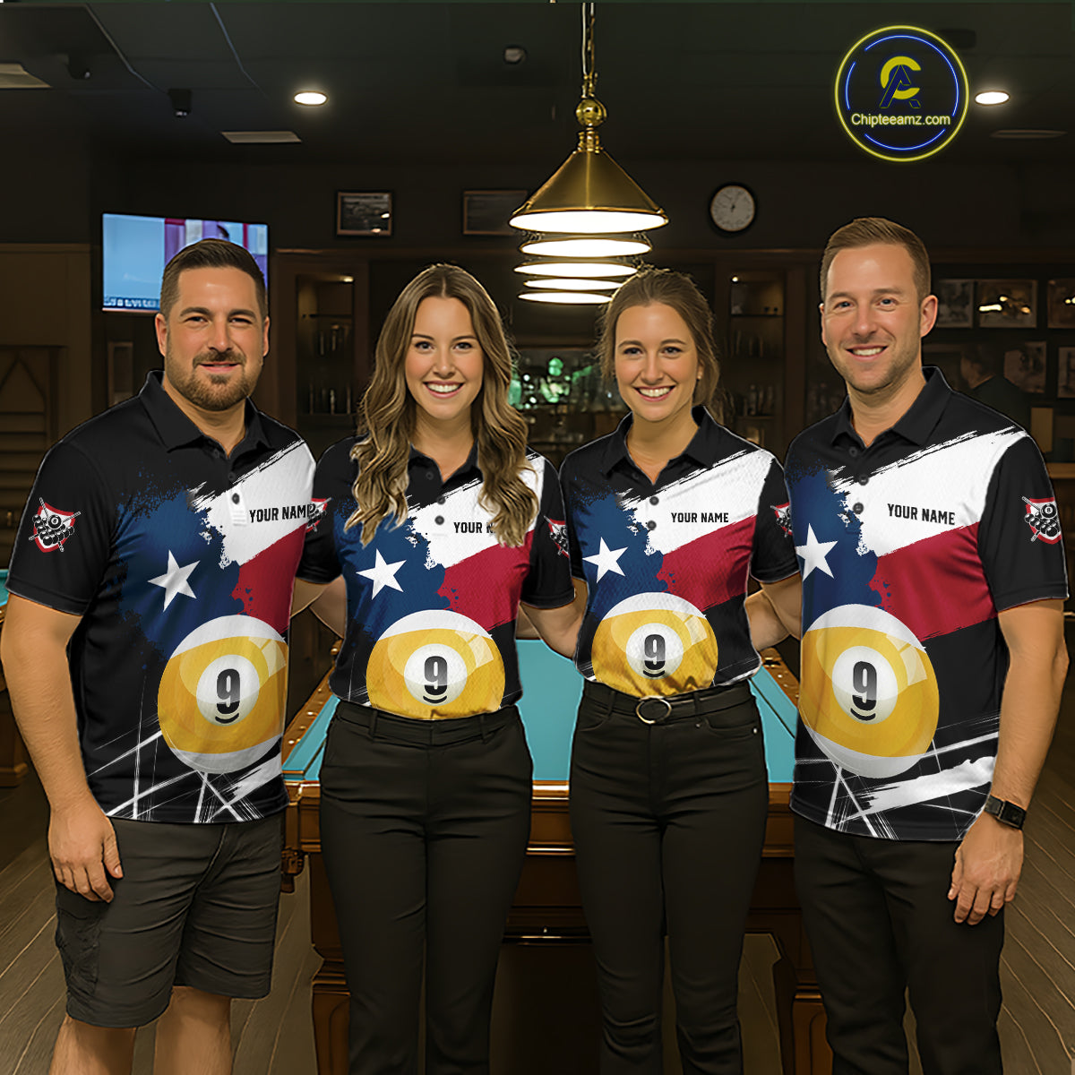 Men women billiard team wearing matching Texas splash jerseys during league championships, representing teamwork, Texas pride and competitive success.