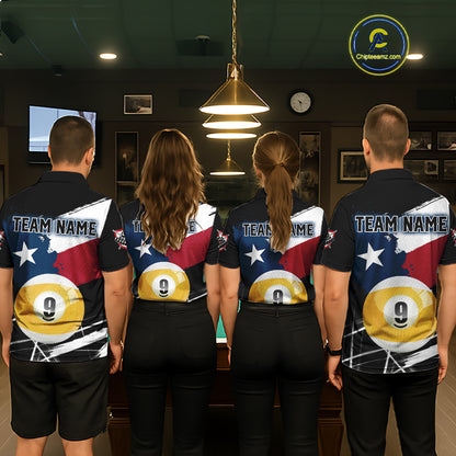 Men women billiard team wearing matching Texas splash jerseys during league championships, representing teamwork, Texas pride and competitive success.