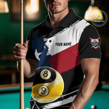 Load image into Gallery viewer, Male billiard player wearing Texas Yin Yang billiard jersey during championship competition, premium sports apparel for Texas pool players, martial arts enthusiasts and tournament champions, symbolizing discipline, confidence and balance.