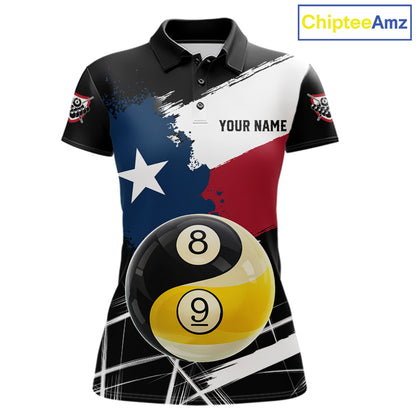 Women's billiard polo featuring Texas flag splash with Yin Yang, 8 ball and 9 ball graphics, premium custom pool apparel for APA teams, Zen lifestyle and tournament players.