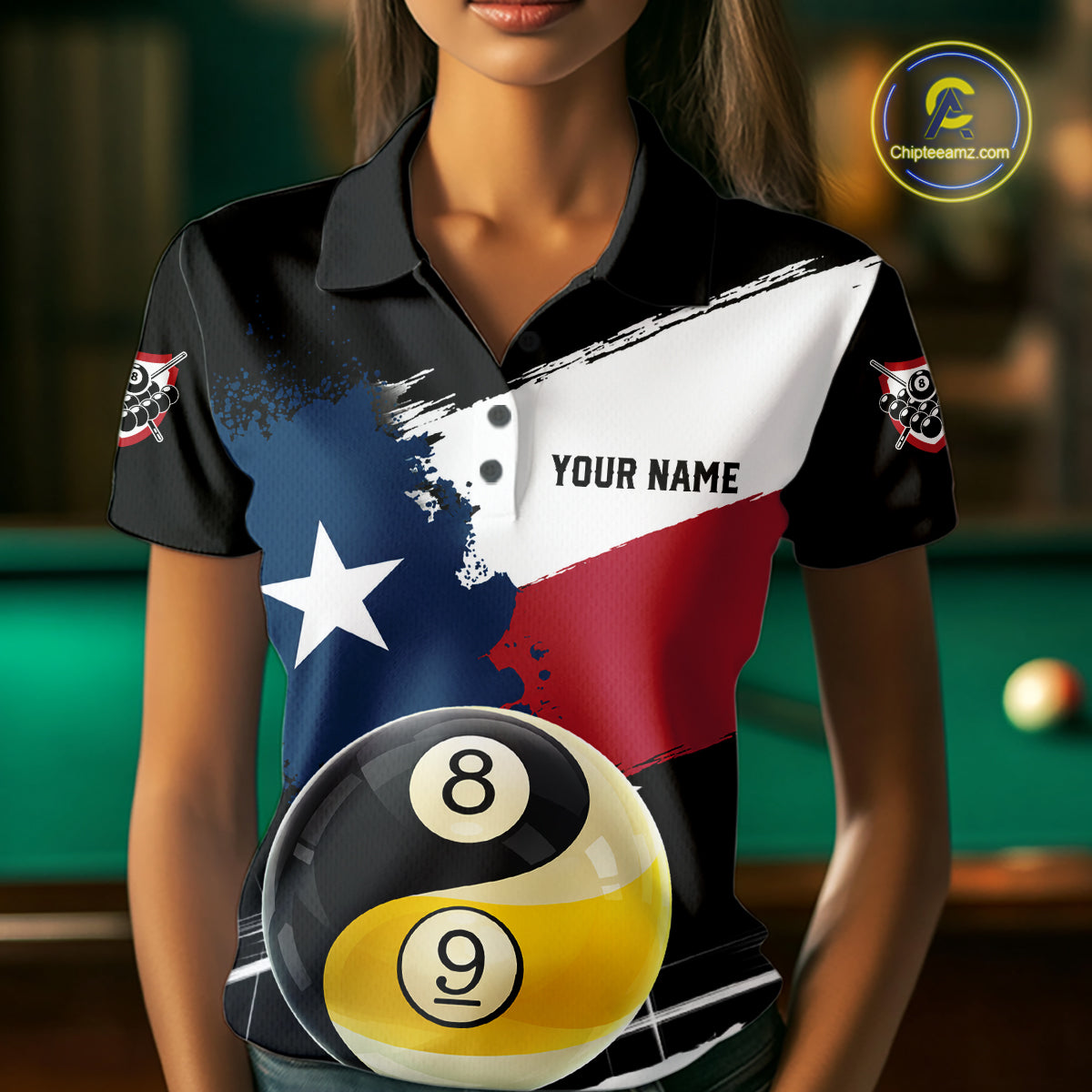 Female billiard player wearing Texas Yin Yang billiard jersey, representing balance, focus, confidence and championship mindset.