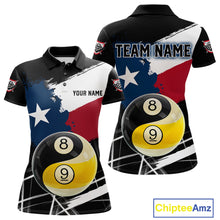 Load image into Gallery viewer, Women's billiard polo featuring Texas flag splash with Yin Yang, 8 ball and 9 ball graphics, premium custom pool apparel for APA teams, Zen lifestyle and tournament players.