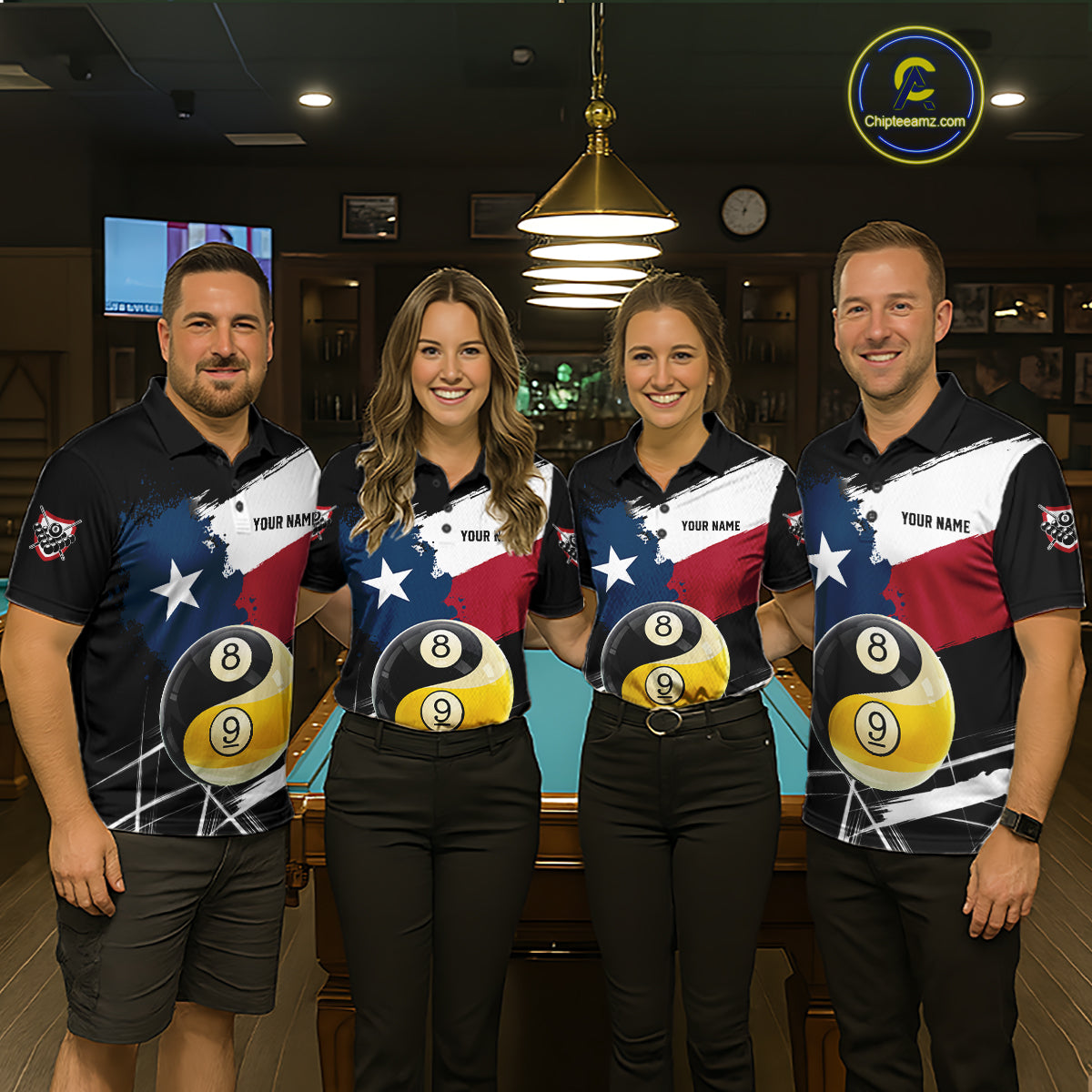 Men women billiard team wearing matching Texas Yin Yang jerseys for tournaments, symbolizing teamwork, harmony, Texas pride and competitive excellence.