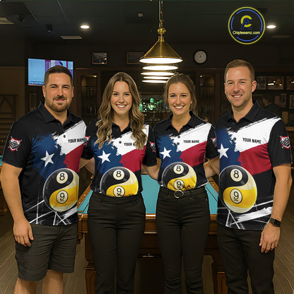 Men women billiard team wearing matching Texas Yin Yang jerseys for tournaments, symbolizing teamwork, harmony, Texas pride and competitive excellence.