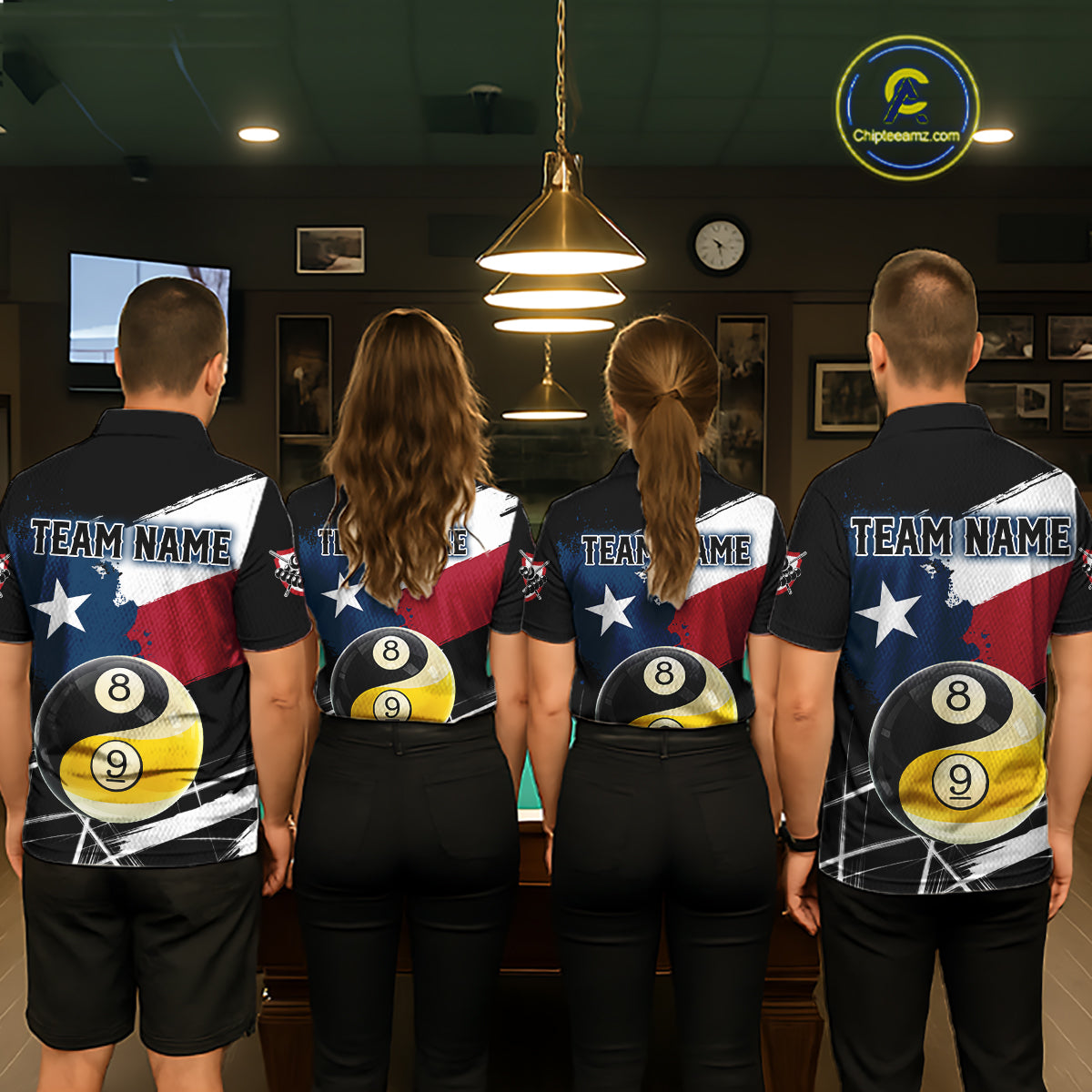 Men women billiard team wearing matching Texas Yin Yang jerseys for tournaments, symbolizing teamwork, harmony, Texas pride and competitive excellence.