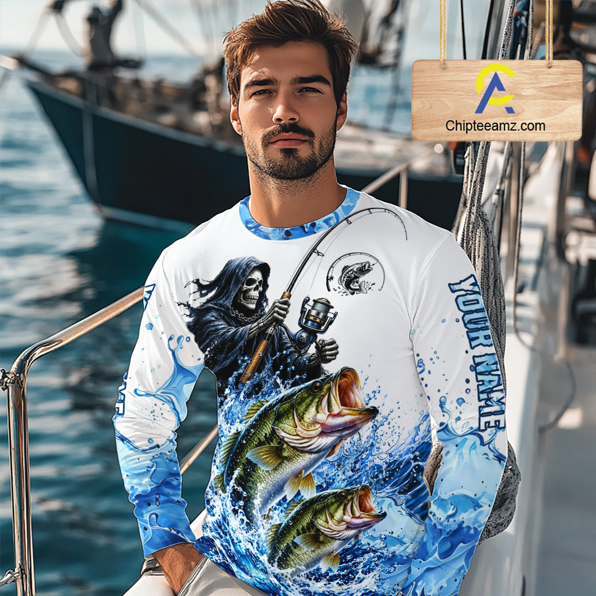 Custom Bass Fishing Jersey Long Sleeve Grim Reaper Largemouth Bass Duo Fishing Shirt Apparel For Men NYN4357